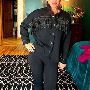 Women’s metallic fringe detail button up jacket NWOT